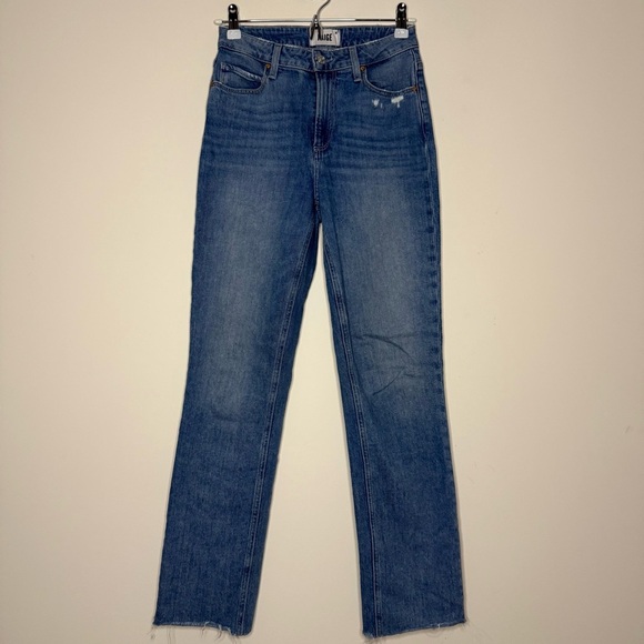 PAIGE High Rise Sarah Straight Ankle Cropped Raw Hem Jeans in Cowgirl Distressed - Picture 2 of 12